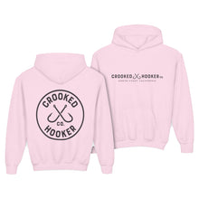 Load image into Gallery viewer, Crooked Hooker Classic Hooded Sweatshirt, Youth – Light Pink – back and front