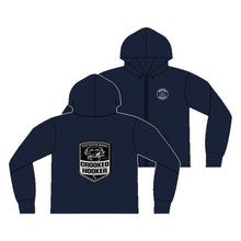 Load image into Gallery viewer, Crooked Hooker Crab Badge Zip Hoodie – Navy – back and front