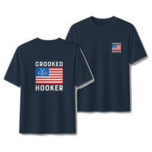 Load image into Gallery viewer, Crooked Hooker Patriot Short Sleeve UV Shirt – Deep Navy – back and front