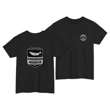 Load image into Gallery viewer, Crooked Hooker Salmon Badge T-Shirt – Black – back and front