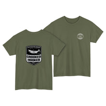 Load image into Gallery viewer, Crooked Hooker Salmon Badge T-Shirt – Military Green – back and front