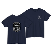 Load image into Gallery viewer, Crooked Hooker Salmon Badge T-Shirt – Navy – back and front
