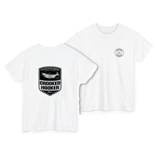Load image into Gallery viewer, Crooked Hooker Salmon Badge T-Shirt – White – back and front