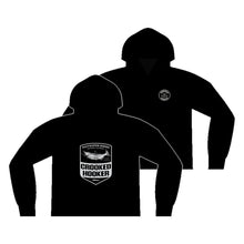 Load image into Gallery viewer, Crooked Hooker Salmon Badge Zip Hoodie – Black – back and front