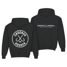 Load image into Gallery viewer, Crooked Hooker Classic Hooded Sweatshirt, Youth – Black – back and front
