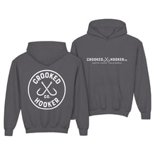 Load image into Gallery viewer, Crooked Hooker Classic Hooded Sweatshirt, Youth – Dark Heather – back and front
