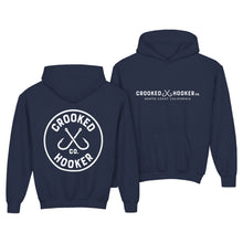 Load image into Gallery viewer, Crooked Hooker Classic Hooded Sweatshirt, Youth – Navy – back and front

