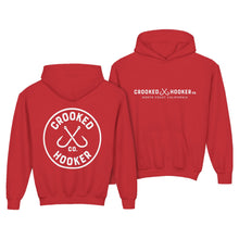 Load image into Gallery viewer, Crooked Hooker Classic Hooded Sweatshirt, Youth – Red – back and front

