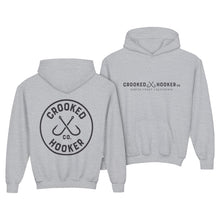 Load image into Gallery viewer, Crooked Hooker Classic Hooded Sweatshirt, Youth – Sport Grey – back and front
