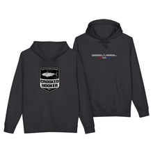 Load image into Gallery viewer, Crooked Hooker Cow Town Bluefin Pullover Hoodie – Charcoal Heather – back and front
