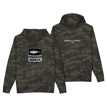 Load image into Gallery viewer, Crooked Hooker Cow Town Bluefin Pullover Hoodie – Forest Camo – back and front
