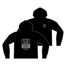 Load image into Gallery viewer, Crooked Hooker Crab Badge Zip Hoodie – Black – back and front
