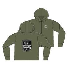 Load image into Gallery viewer, Crooked Hooker Crab Badge Zip Hoodie – Military Green – back and front
