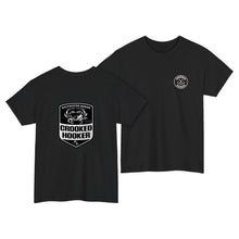 Load image into Gallery viewer, Crooked Hooker Crab Badge T-Shirt – Black – back and front
