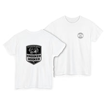 Load image into Gallery viewer, Crooked Hooker Crab Badge T-Shirt – White – back and front
