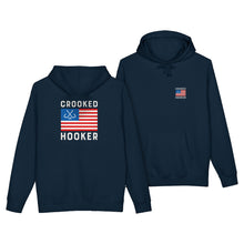 Load image into Gallery viewer, Crooked Hooker Patriot Pullover Hoodie – Navy – back and front
